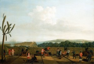 Siebenjähriger Krieg (1756-1763): Die Eroberung von Havanna (Kuba) im Jahr 1762, die britische Kanonenbatterie vor der Morro-Burg, installiert auf einer Holzplattform, mit einem Schutzwall, die Kanoniere sind in Blau gekleidet, am Horizont die Morro-Burg von Dominic Serres