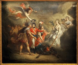 Der Frieden von Amiens. Vertrag unterzeichnet am 25. März 1802 zwischen dem Vereinigten Königreich und seinen Verbündeten dem Osmanischen Reich einerseits und Frankreich, Spanien und Holland andererseits. Das Gemälde zeigt Napoleon I. Bonaparte, gekrönt vo