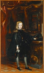 Carlos II., in einem schwarzen Anzug mit dem Goldenen Vlies um den Hals. Sohn von Felipe IV