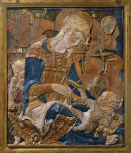 Madonna mit Kind, zugeschrieben Donato di Niccolò di Betto Bardi alias Donatello, Terrakotta-Relief, Italien