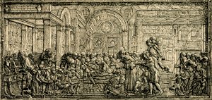 Wunder des habgierigen Herzens, Altar des Heiligen Antonius, Bronze-Relief von Donatello, Basilika des Heiligen Antonius von Padua, Padua, Venetien, Italien, Holzschnitt aus Le cento città d