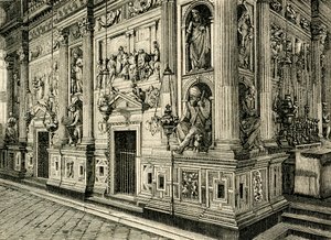 Marmorschirm des Heiligen Hauses, entworfen von Donato Bramante (1444-1514), Heiligtum des Heiligen Hauses, Loreto, Marken, Italien
