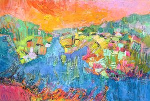 Oranger Himmel Flussdorf von Dorothy Fagan