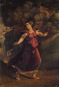 Eine Frau flieht auf einem bewaldeten Pfad, ca. 1520er Jahre von Dosso Dossi
