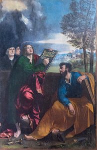 Heiliger Johannes der Evangelist und Heiliger Bartholomäus mit Pontichino della Sale und einem Familienmitglied