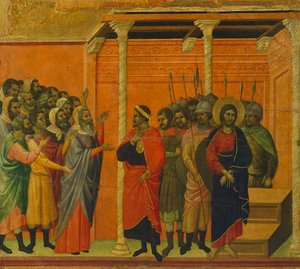 Altarbild: Christus wird von den Pharisäern angeklagt, Detail einer Kachel aus den Geschichten von Christi Passion und Auferstehung, Rückseite der Maestà im Dom von Siena von Duccio di Buoninsegna