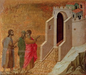 Christus und Pilger an den Toren der Stadt Emmaus