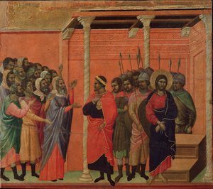Jesus von den Pharisäern angeklagt. Maestà-Altarbild von Duccio di Buoninsegna