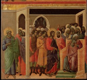 Jesus vor Kaiphas. Maestà-Altarbild von Duccio di Buoninsegna
