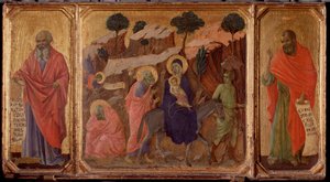 Leben Christi: Flucht nach Ägypten mit den Propheten Jeremia und Hosea. Predella der Maestà