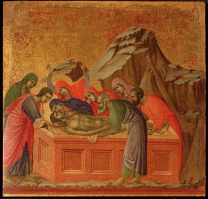 Passion: die Grablegung. Maestà-Altarbild (Tempera und Gold auf Holz) von Duccio di Buoninsegna
