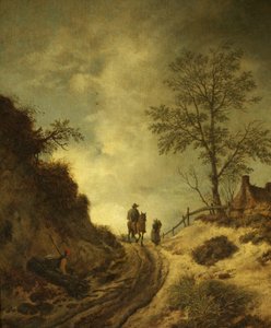 Ein Reiter und andere Figuren auf einem hügeligen Weg