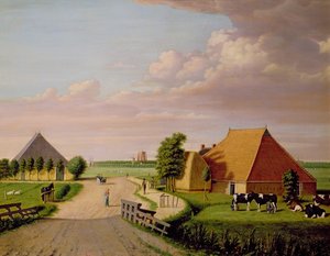 Eine Studie von Leevwarden in Holland mit einer Herde Friesischer Kühe im Vordergrund