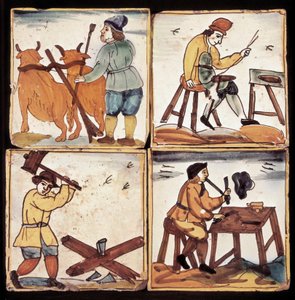 Azulejos-Panel: Darstellung von Berufen, Bauernarbeit, Säger, Holzspalter und Pfeifenmacher (Keramik)