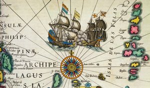 Kämpfende Schiffe vor den Philippinen, Detail aus S.361-2 (Insulae Indiae Orientalis), Mercators 