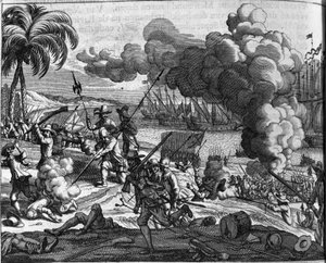Kolonisation: die niederländischen Flotten vertreiben die Portugiesen aus Ceylon (heutiges Sri Lanka) im Jahr 1658. Niederländischer Druck aus „Afgoderye de oost-indische heydenen“ (Beschreibung der Länder Ostindiens) von Philippus Baldaeus (oder Balde) (1