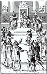 Beichte zur Wiedergutmachung vor dem Tribunal, nach einem Holzschnitt in Praxis Rerum Criminalium von Joos de Damhouder (1507-81) veröffentlicht in Antwerpen, 1556