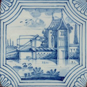 Delfter Fliese mit einer Zugbrücke über einen Kanal, 19. Jahrhundert