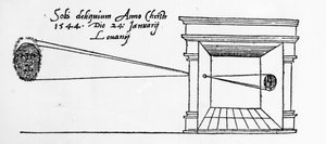 Erste veröffentlichte Illustration einer Camera Obscura, die eine Sonnenfinsternis im Januar 1544 beobachtet