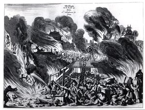 Großes Feuer in Yedo (Tokio) im 17. Jahrhundert, Illustration aus dem Bericht von Arnold Montanus über die Botschaften der Niederländischen Ostindien-Kompanie an den Kaiser von Japan, veröffentlicht in Amsterdam 1680