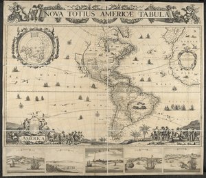 Karte von Amerika, Nova totius Americae Tabula, [mit Ansichten von] Panama, Caput S. Augustini, Nieu Amsterdam, S. Salvador, Nombre D. Dios. Gedruckt bei J. Mathysz