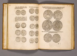Geldbuch mit Gravuren englischer Münzen