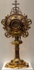 Reliquiar des Heiligen Antoine, Abt und des Heiligen Christophe, Märtyrer, hergestellt in den südlichen Niederlanden, 1579, Domschatz, St. Michael und St. Gudula Kathedrale (Metallarbeit) von Dutch School