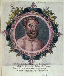 Thales von Milet (ca. 625-547 v. Chr.), Illustration aus Veterum et Recentium Medicorum Philosophorumque Icones von Johannes Sambucus (1531-1584), veröffentlicht von Plantin in Antwerpen 1574 (Farbstich) von Dutch School
