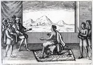 Das Treffen von Königin Nzinga von Ndongo und Joao Correia de Sousa, dem portugiesischen Gouverneur von Luanda im Jahr 1622 von Dutch School