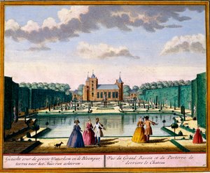 Ansicht des großen Beckens und Parterres hinter dem Haus, aus Het Zeganpralent Kennemerlant von Hendrick de Leth und Matthias Brouerius Van Nidek, veröffentlicht um 1700-30 von Dutch School
