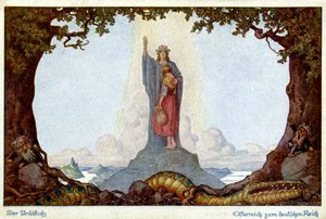 Geschichte. Vereinigung von Österreich und Deutschland. Allegorie von E. Kutzer, Österreich, um 1920 (Postkarte) von E. Kutzer
