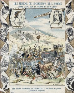 Gallische Kriegskarren in der Schlacht von Gergovia - Aus einem Schutzumschlag für Schulbücher, Ende des 19. Jahrhunderts - Kriegskarren mit Sicheln - Vercingetorix in der Schlacht von Gergovia (52 v. Chr.) während des Gallischen Krieges - Illustration von