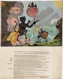 Seiner Königlichen Hoheit Friedrich Herzog von York, diese Platte von Satan, der die Übermacht hält; oder, Bounapartes Drohung, veröffentlicht 1803