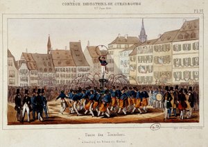 La danse des tonneliers während des industriellen Umzugs in Straßburg am 25.06.1840. Lithographie von Simon