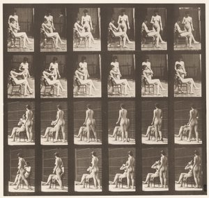 Tafel 451. Zwei Modelle, 8 bringt eine Tasse Tee, 1 nimmt die Tasse und trinkt, 1872-1885 von Eadweard Muybridge