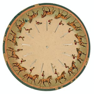 Zoopraxiskop-Scheibe zeigt einen Akrobaten, der einen Rückwärtssalto auf einem Pferd macht, 1893