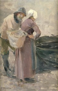 Die Hausfrau betrachtet den Fang des Fischers, ca. 1900
