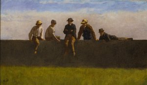 Fünf Jungen auf einer Mauer, ca. 1875-1880