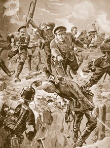 Korporal J. Davies und acht Männer vertreiben mit dem Bajonett eine Gruppe von Deutschen, die sie zuvor umzingelt hatten (Lithografie) von Edgar Alfred Holloway
