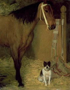 Im Stall, Pferd und Hund, ca. 1862