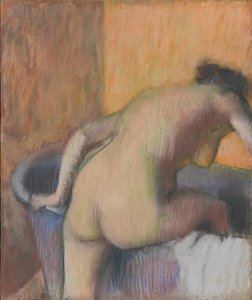 Badende steigt in eine Wanne, ca. 1890