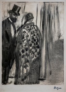 Gespräch (Ludovic Halevy und Madame Cardinal). Um 1876-1877. Monotypie mit schwarzer Tinte auf einem sekundären Trägerkarton des Künstlers.
