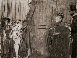 Treffen mit Ludivic Halevy und Madame Cardinal hinter den Kulissen. Um 1876-1877. Monotypie mit schwarzer Tinte.