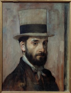 Porträt von Leon Joseph Florentin Bonnat. Der Maler trägt einen Zylinder. Gemälde von Edgar Degas