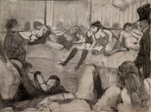 Der Salon. 1879. Monotypie mit schwarzer Tinte, Pastell verstärkt.