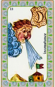 Tarot von Magus Belline gezeichnet von Edmond Billaudot ca. 1845 und an den Hellseher Belline zur Neuauflage gegeben: Karte der Unbeständigkeit: Der Wind weht