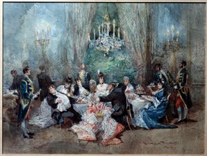 Mahlzeitszene. Illustration für Szene 10 von Akt II von „Le Réveillon“ von Henri Meilhac und Ludovic Halévy von Edmond Morin