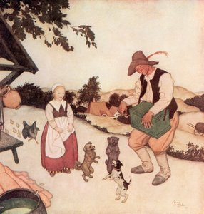„Und als er Weiße Caroline sah, begann er auf seiner Orgel die schönsten Melodien zu spielen, die man hören konnte, und die drei kleinen Hunde begannen zusammen zu tanzen“, Illustration aus dem flämischen Märchen Weiße Caroline und Schwarze Caroline von Edmund Dulac