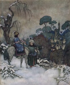 Die Schöne und das Biest: die Belle, die zugestimmt hat, den Platz ihres Vaters als Gefangene des Biests einzunehmen, um ihn zu befreien, geht auf das Schloss zu, ca. 1910 von Edmund Dulac