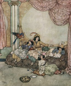 Blaubart: Die junge Frau von Blaubart, Fatima, lädt ihre Freunde ein, während ihr Mann auf Reisen ist, um 1910